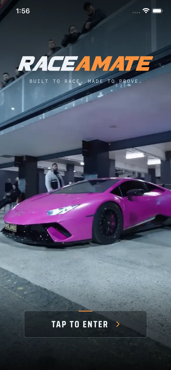 The RaceAmate iPhone app's opening screen: the RaceAmate wordmark over a pink Lamborghini in a car park, with a Tap to enter button.